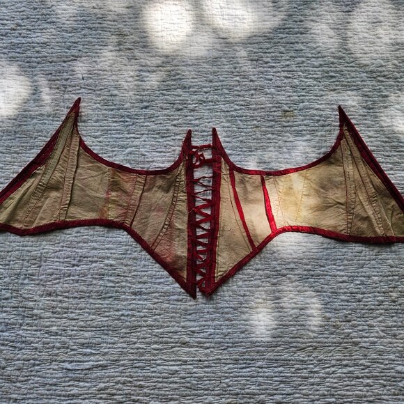 Antique Victorian Handmade Red Silk Lace Up Wasp Waist Corset With Boning - Picture 5 of 7